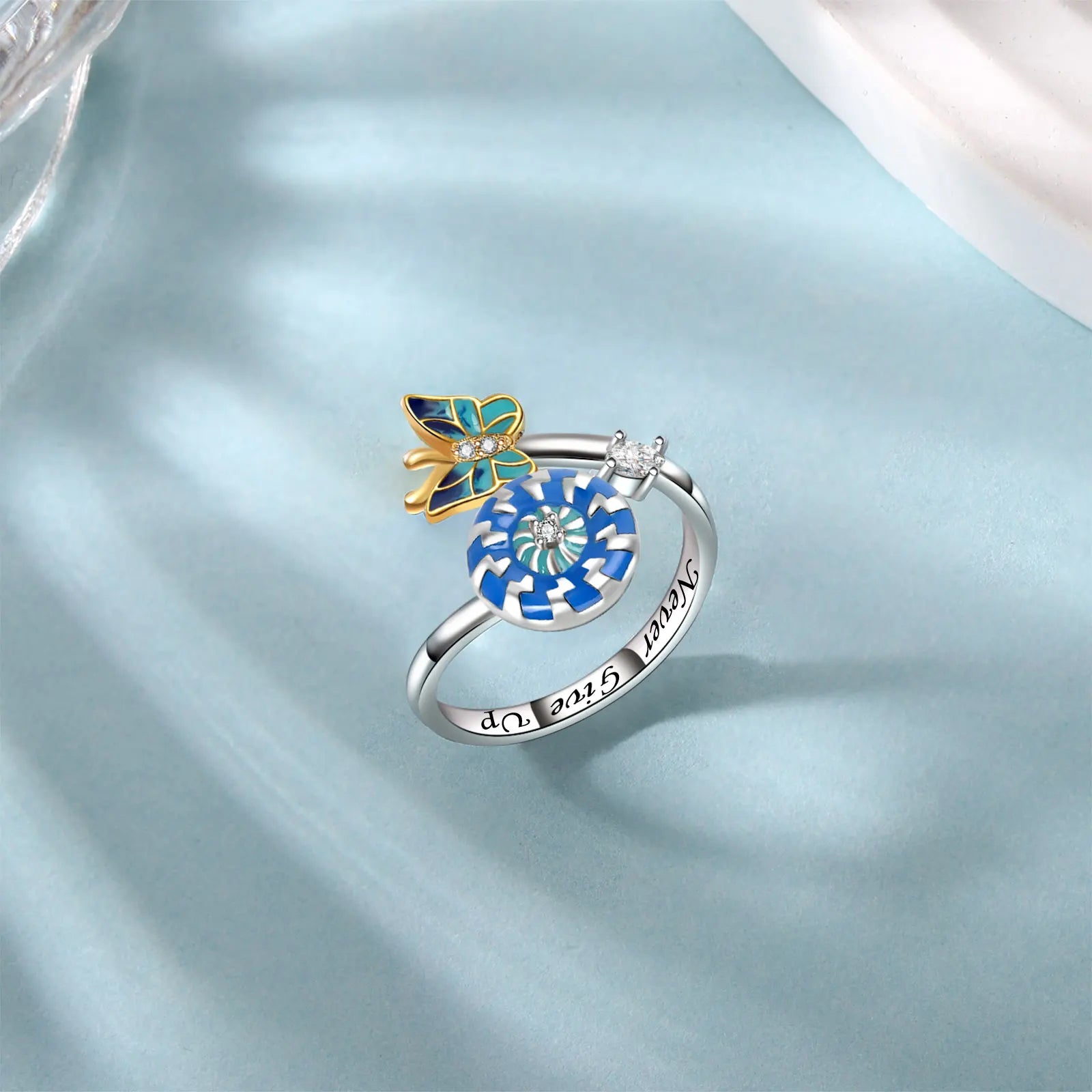 925 sterling silver evil eye yin yang adjustable anxiety ring with fidget spinner design for women