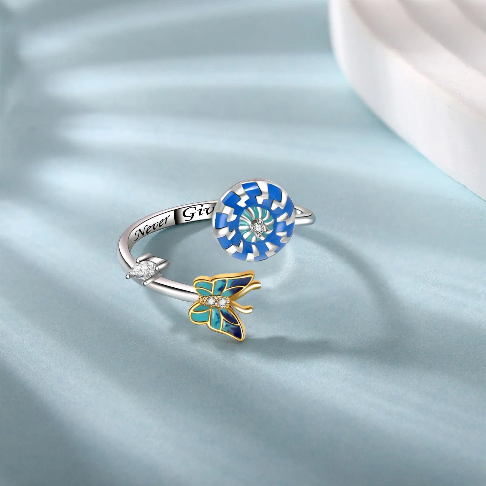 925 sterling silver evil eye yin yang adjustable anxiety ring with fidget spinner design for women