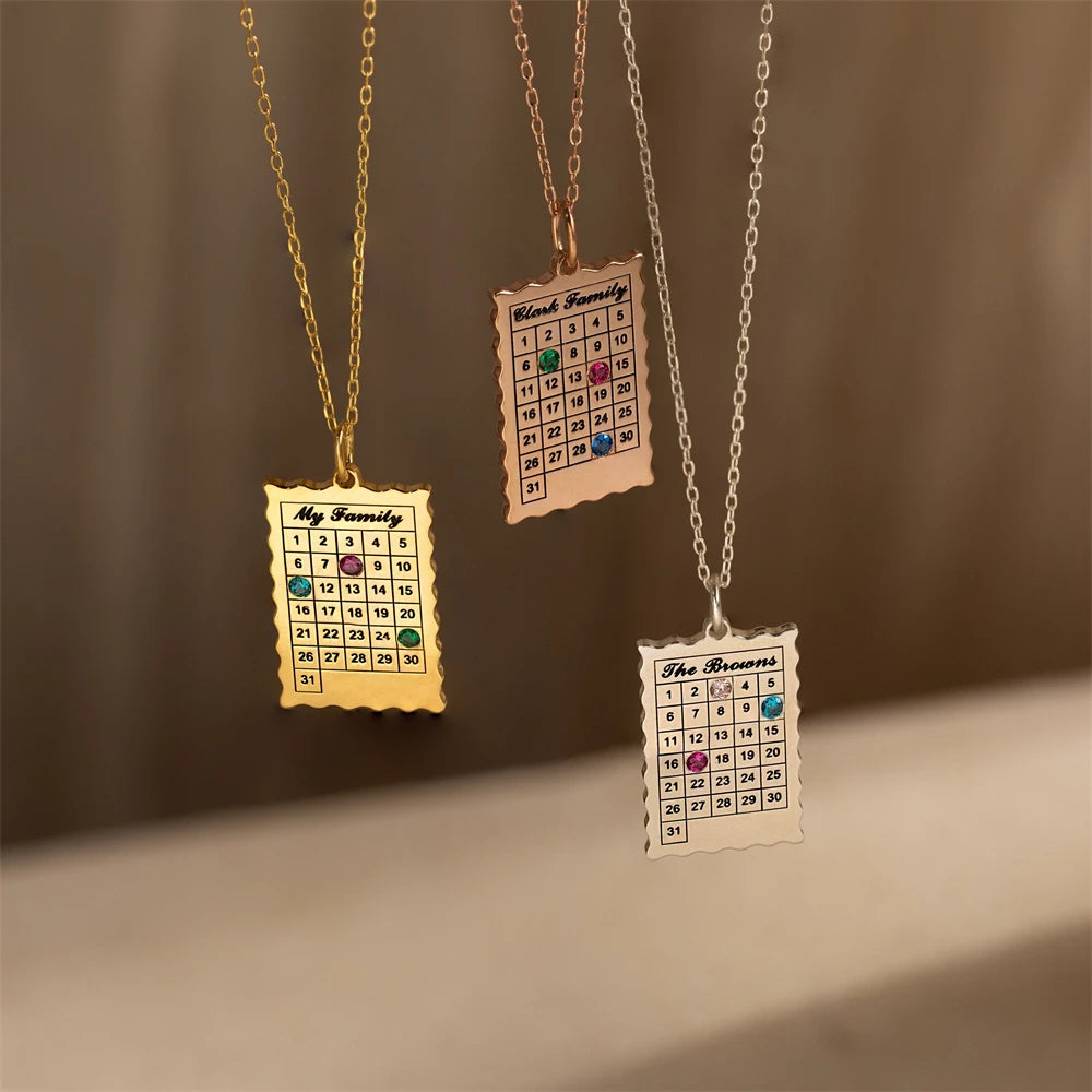 Personalized Calendar Birthstone Necklace, Custom Date Charm Necklace for Women