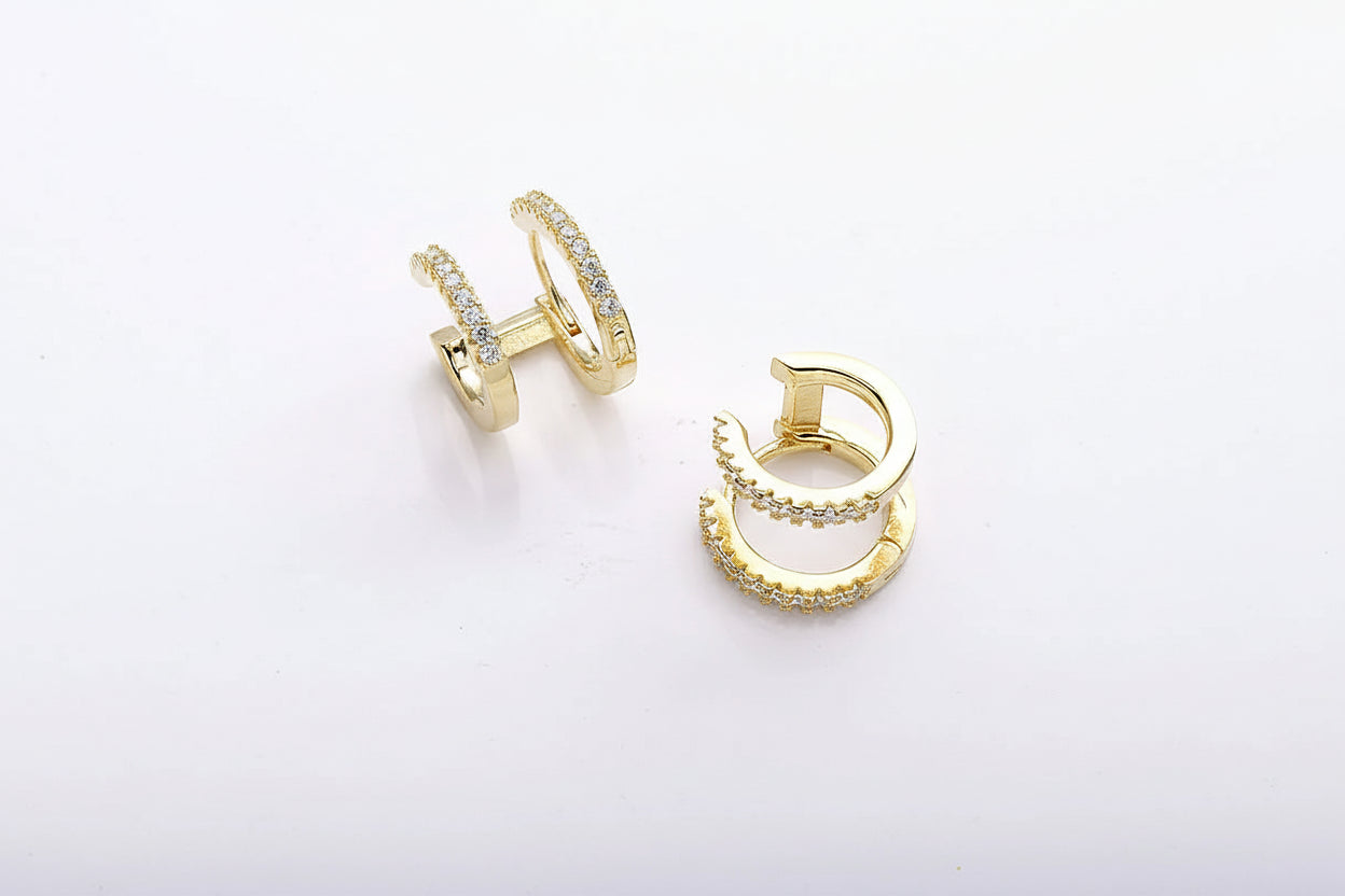 925 sterling silver double hoop huggie earrings with zircon stones, round illusion earrings for women