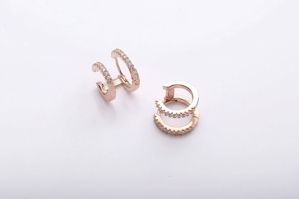 925 sterling silver double hoop huggie earrings with zircon stones, round illusion earrings for women