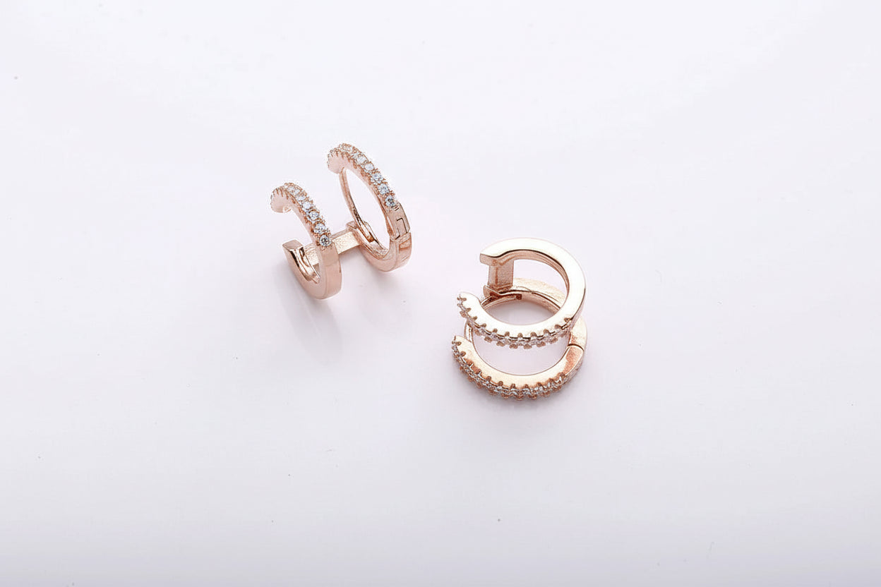 925 sterling silver double hoop huggie earrings with zircon stones, round illusion earrings for women