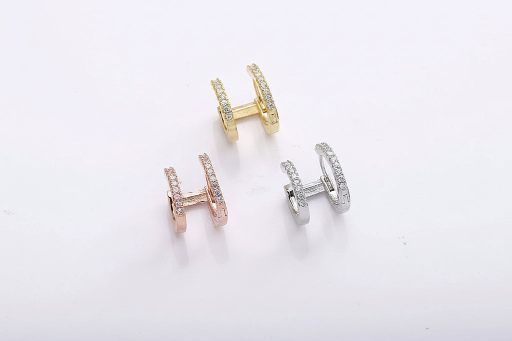 925 sterling silver double hoop huggie earrings with zircon stones, round illusion earrings for women