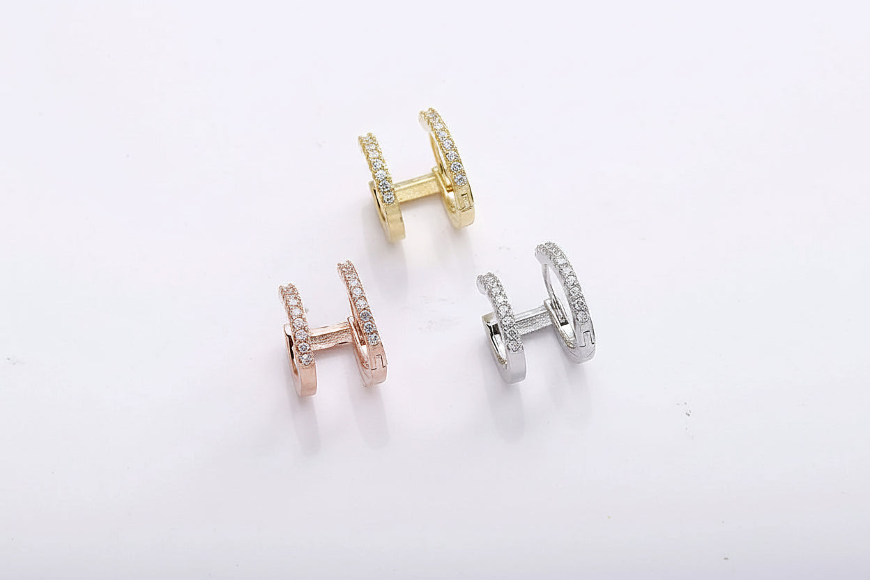 925 sterling silver double hoop huggie earrings with zircon stones, round illusion earrings for women