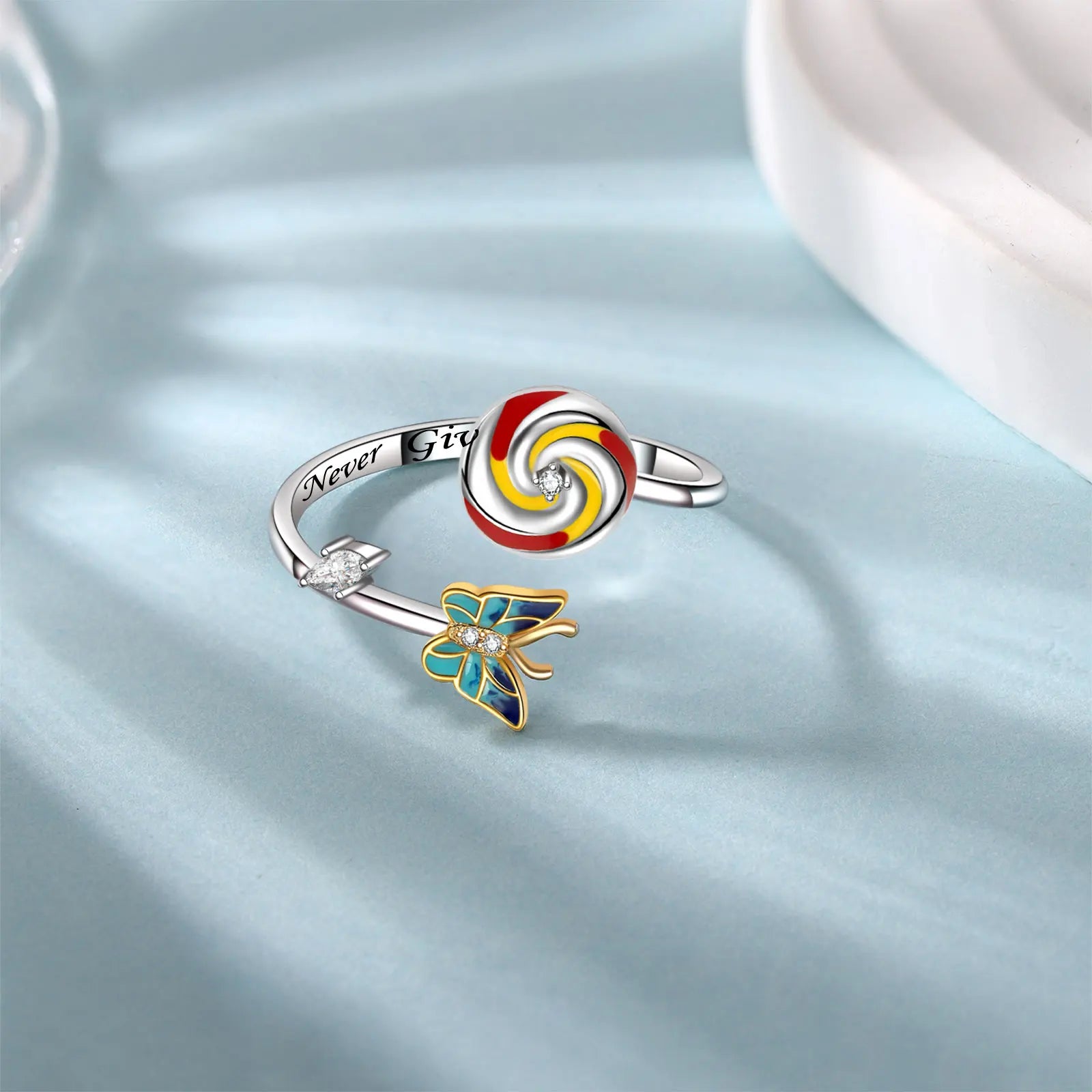 925 sterling silver evil eye yin yang adjustable anxiety ring with fidget spinner design for women