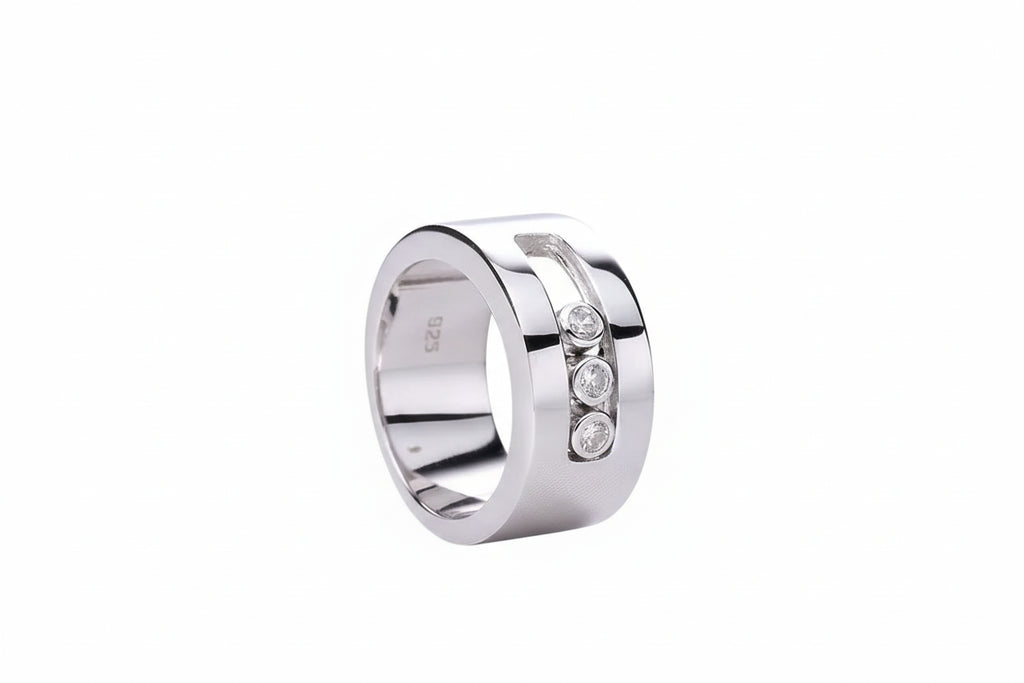 925 sterling silver wide band ring with clear zircon stones, move stone design, channel setting, silver ring