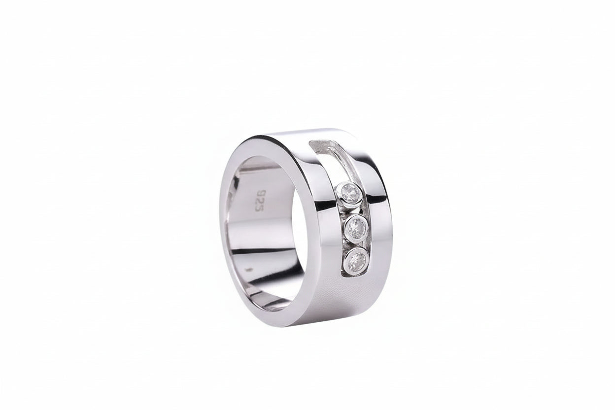 925 sterling silver wide band ring with clear zircon stones, move stone design, channel setting, silver ring