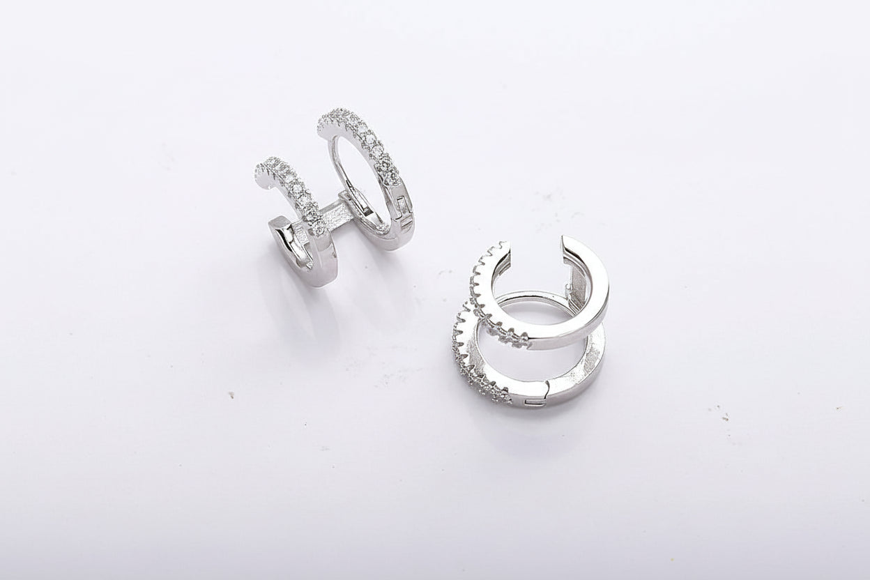 925 sterling silver double hoop huggie earrings with zircon stones, round illusion earrings for women