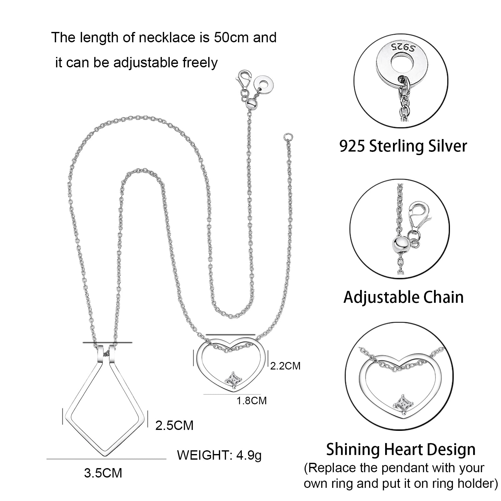 925 sterling silver adjustable ring holder necklace with heart-shaped pendant