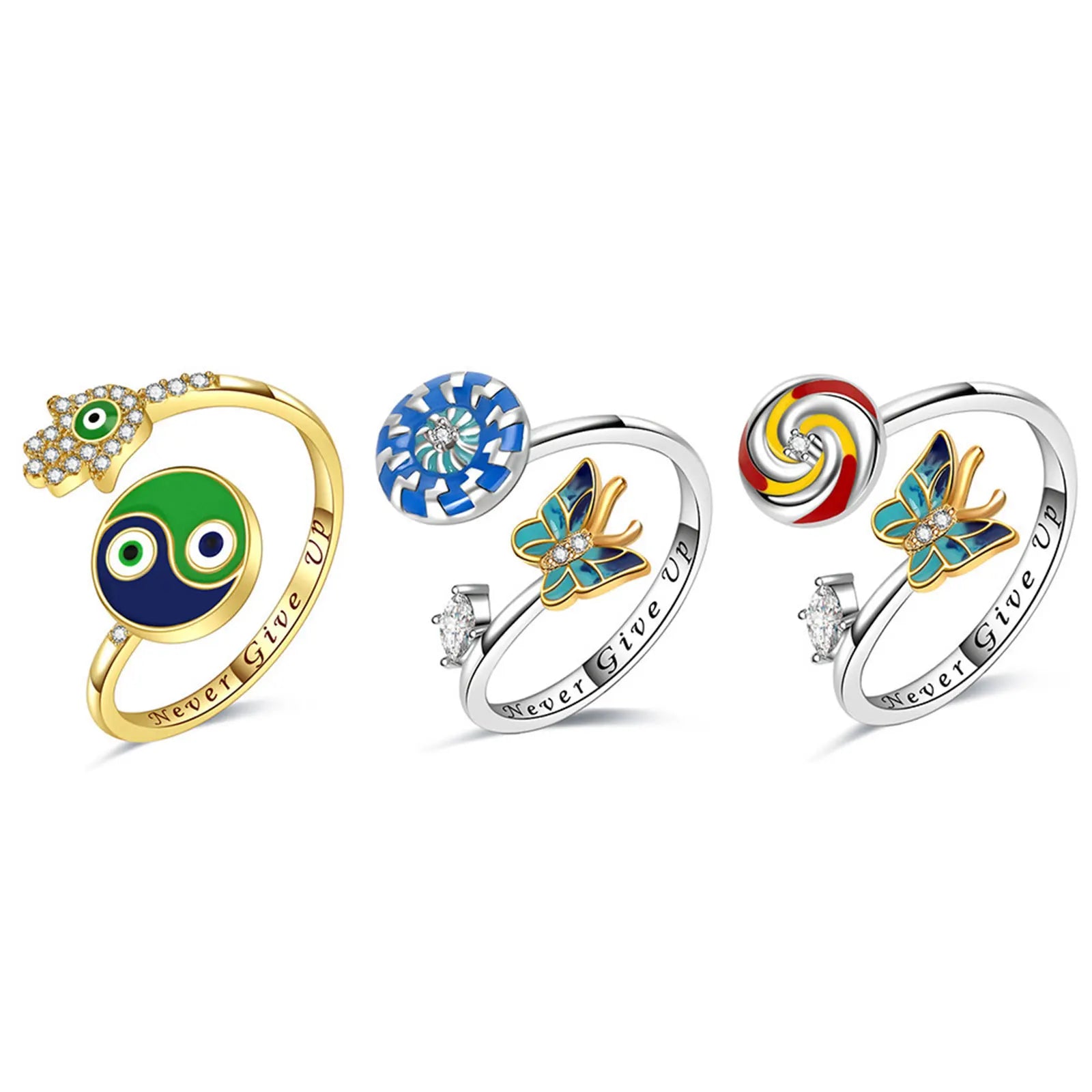 925 sterling silver evil eye yin yang adjustable anxiety ring with fidget spinner design for women