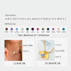 14K gold PVD plated stainless steel personalized necklace with square letter charms and one birthstone pendant, custom initial and birth month design.