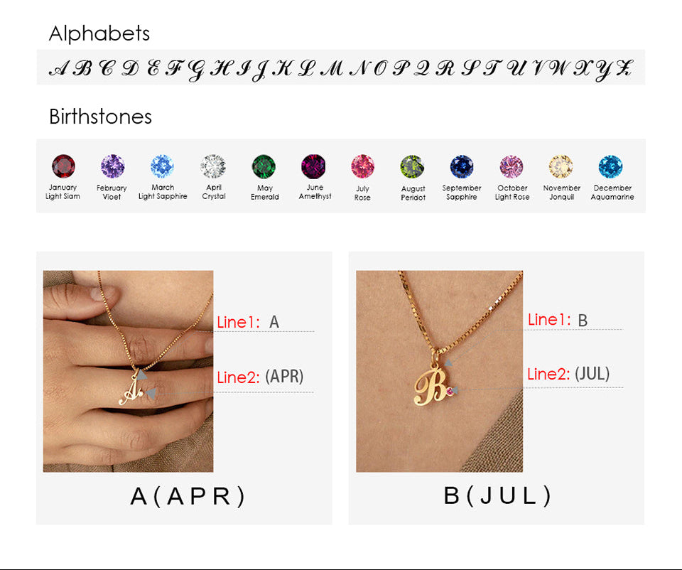 personalized letter necklace, birthstone necklace, stainless steel initial necklace, gold plated letter necklace, silver plated charm necklace, custom initial pendant, DIY letter necklace, trendy personalized jewelry, link chain necklace, custom birthstone gift