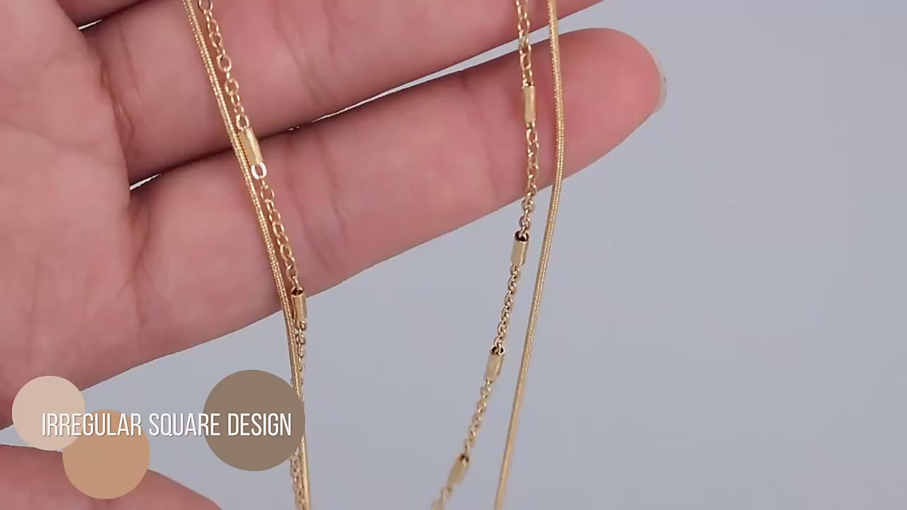 18K gold plated stainless steel engraved geometric pendant necklace with pearl accent, layered link chains, trendy women’s jewelry on white background