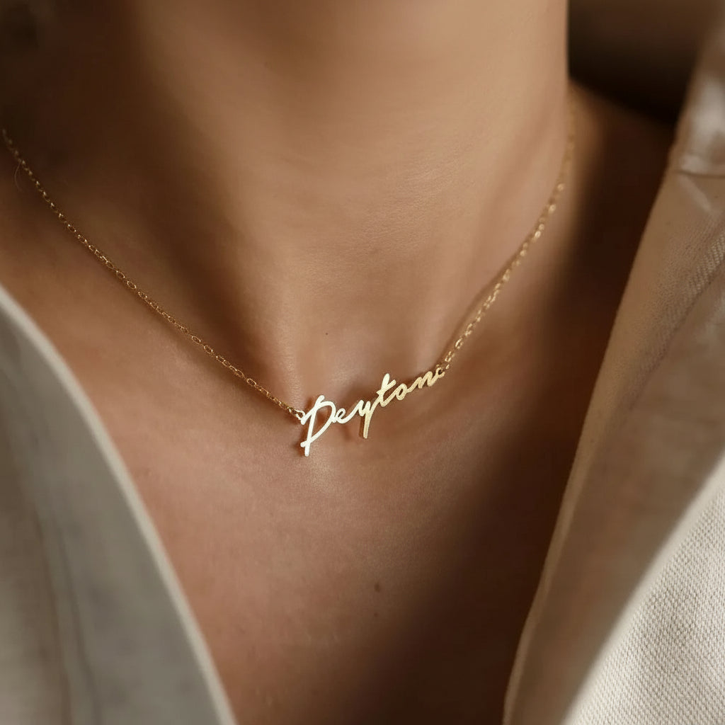 Custom stainless steel initial name necklace with 14K gold or silver plating on a link chain, personalized letter choker for women.