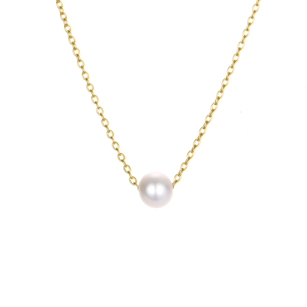 Minimalist stainless steel pearl choker necklace with 5mm pearl pendant, adjustable 15–17 inches chain, worn on model.
