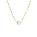 Minimalist stainless steel pearl choker necklace with 5mm pearl pendant, adjustable 15–17 inches chain, worn on model.