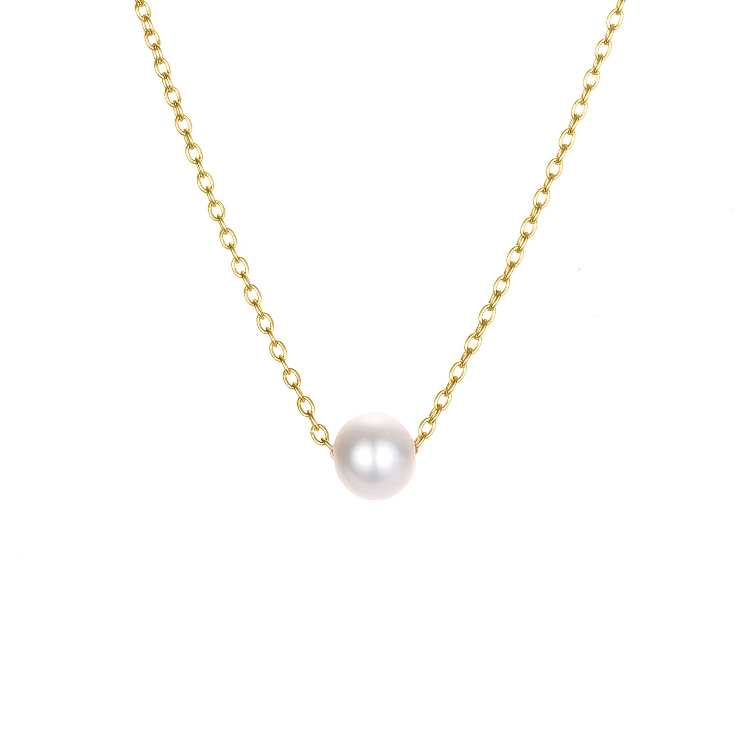 Minimalist stainless steel pearl choker necklace with 5mm pearl pendant, adjustable 15–17 inches chain, worn on model.