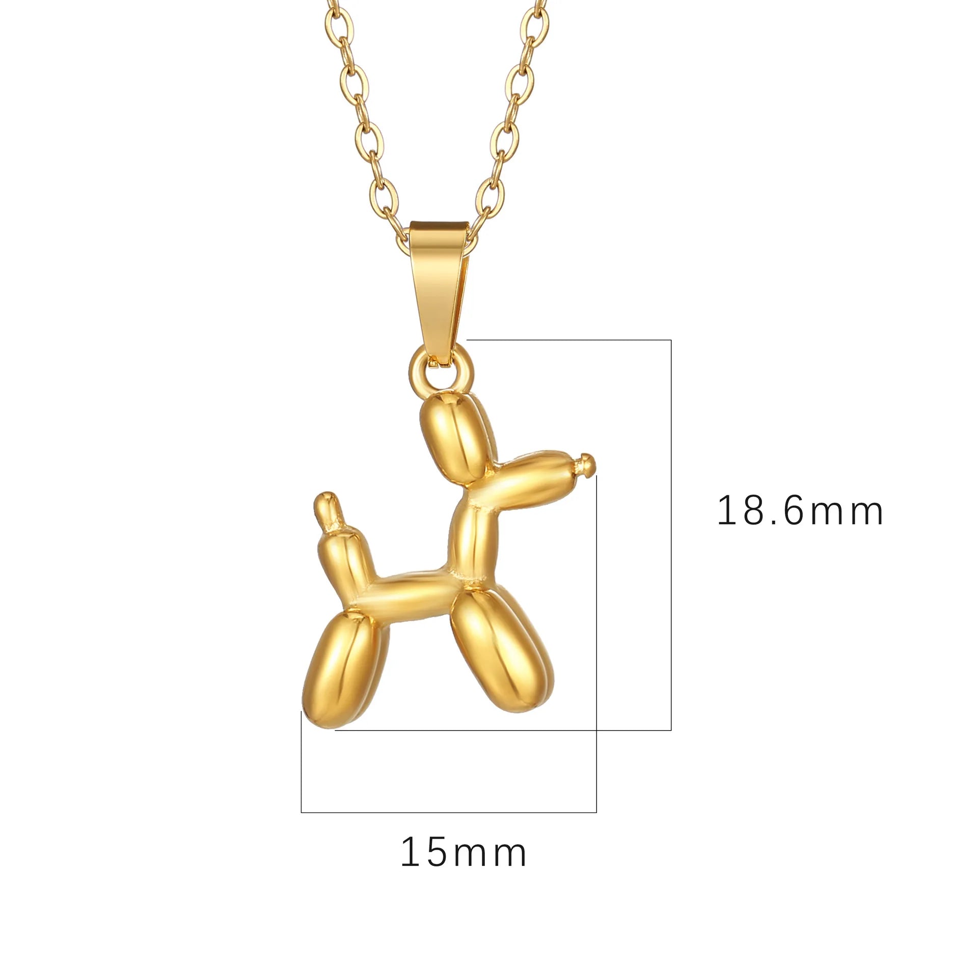 18K gold plated stainless steel balloon dog pendant necklace with cute animal design on a link chain, unisex jewelry on white background