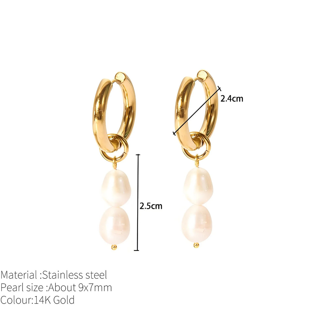 14K Gold Plated Stainless Steel Pearl Drop Hoop Earrings , Freshwater Pearl Dangle Earrings , PVD Titanium Jewelry