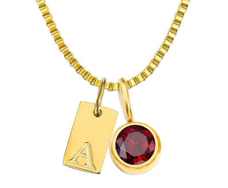 14K gold PVD plated stainless steel personalized necklace with square letter charms and one birthstone pendant, custom initial and birth month design.