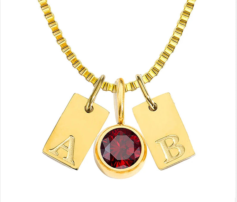 14K gold PVD plated stainless steel personalized necklace with square letter charms and one birthstone pendant, custom initial and birth month design.
