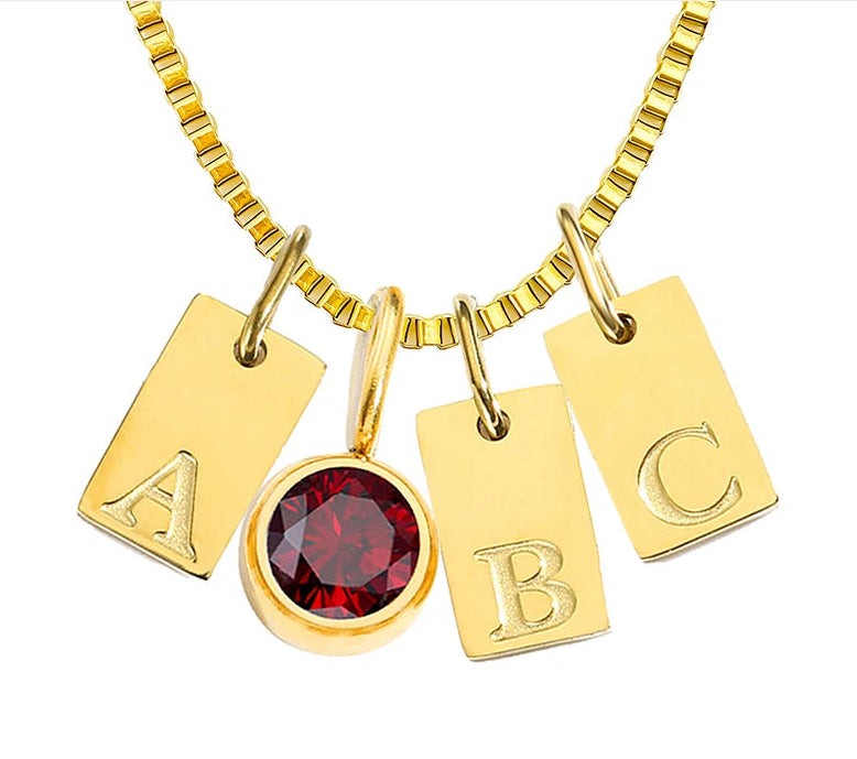 14K gold PVD plated stainless steel personalized necklace with square letter charms and one birthstone pendant, custom initial and birth month design.