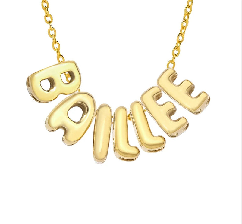 3D bubble name necklace, custom name necklace, stainless steel necklace, gold plated name necklace, silver name necklace, personalized jewelry for women, bubble letter pendant, custom letter necklace, trendy name necklace, high end personalized jewelry