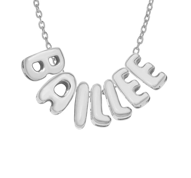 3D bubble name necklace, custom name necklace, stainless steel necklace, gold plated name necklace, silver name necklace, personalized jewelry for women, bubble letter pendant, custom letter necklace, trendy name necklace, high end personalized jewelry