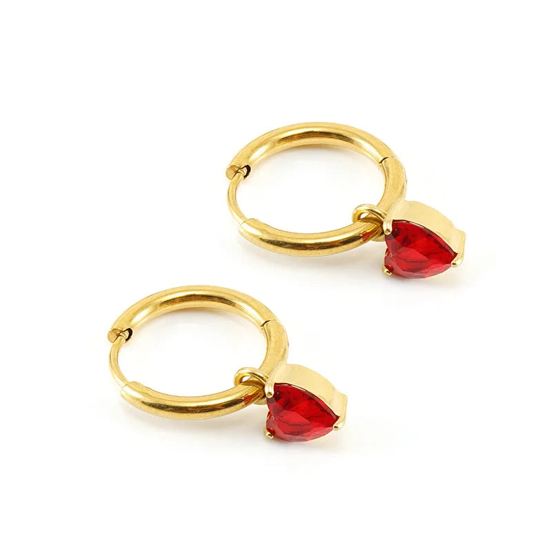 PVD Gold Plated Stainless Steel Zircon Stud Hoop Earrings , Heart and Teardrop Shape Earrings