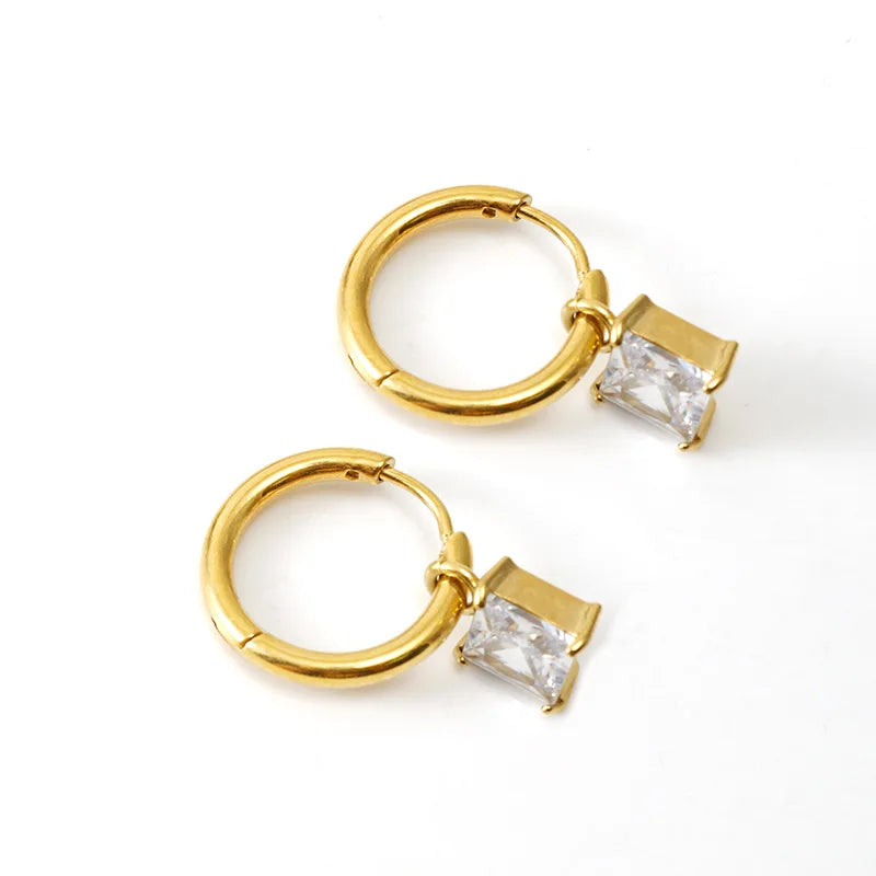 PVD Gold Plated Stainless Steel Zircon Stud Hoop Earrings , Heart and Teardrop Shape Earrings