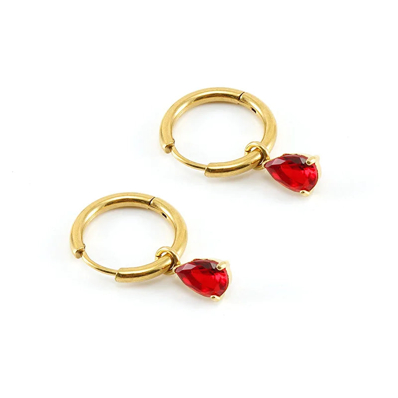 PVD Gold Plated Stainless Steel Zircon Stud Hoop Earrings , Heart and Teardrop Shape Earrings