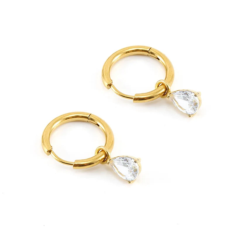 PVD Gold Plated Stainless Steel Zircon Stud Hoop Earrings , Heart and Teardrop Shape Earrings