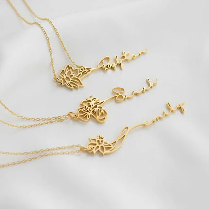 Custom Birth Flower Name Necklace – Stainless Steel