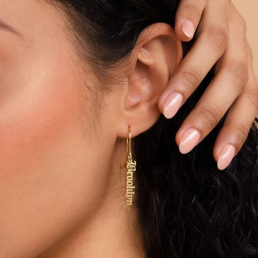 personalized name earrings, gold name earrings, custom letter earrings, 316 stainless steel earrings, name pendant jewelry, women’s personalized earrings, gold color earrings, custom jewelry gift, modern letter earrings, personalized fashion earrings