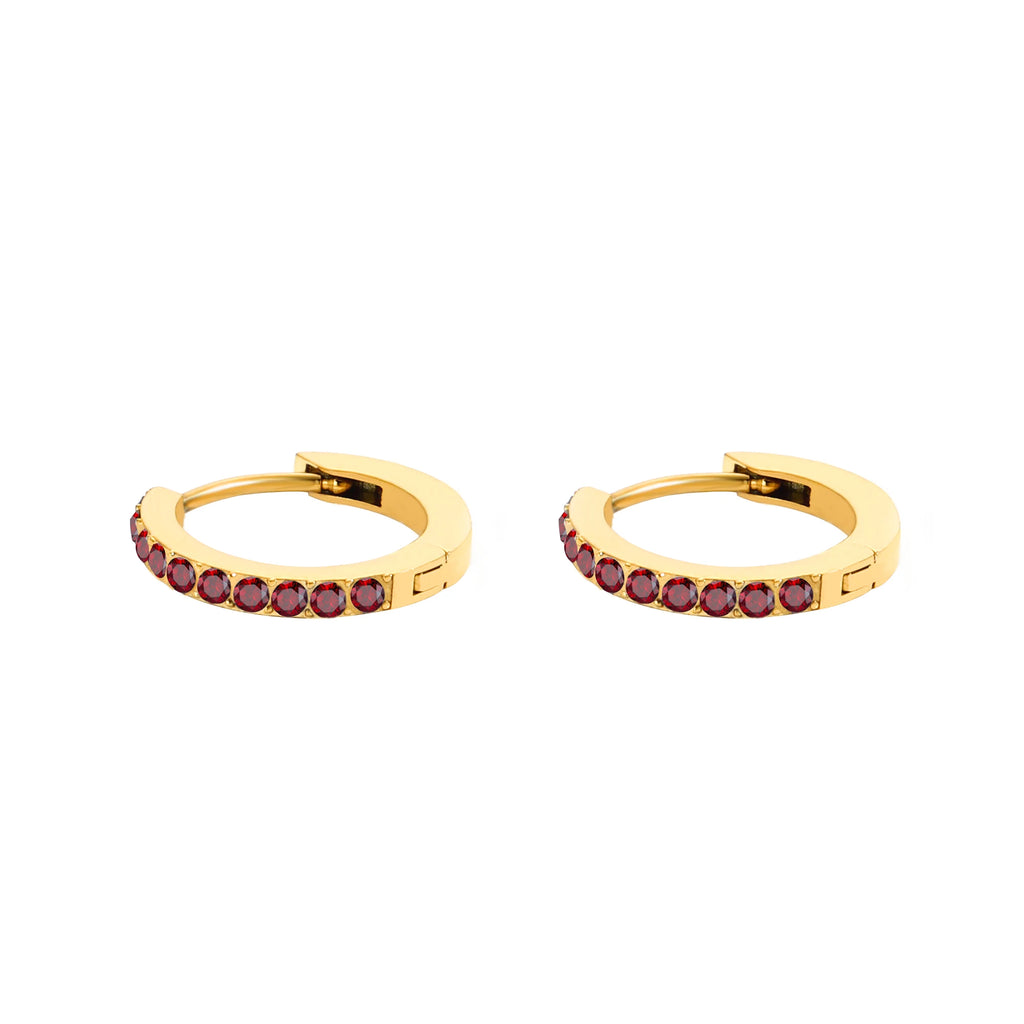 14K Gold Plated Birthstone Hoop Earrings , Stainless Steel CZ Stone Circle Hoops