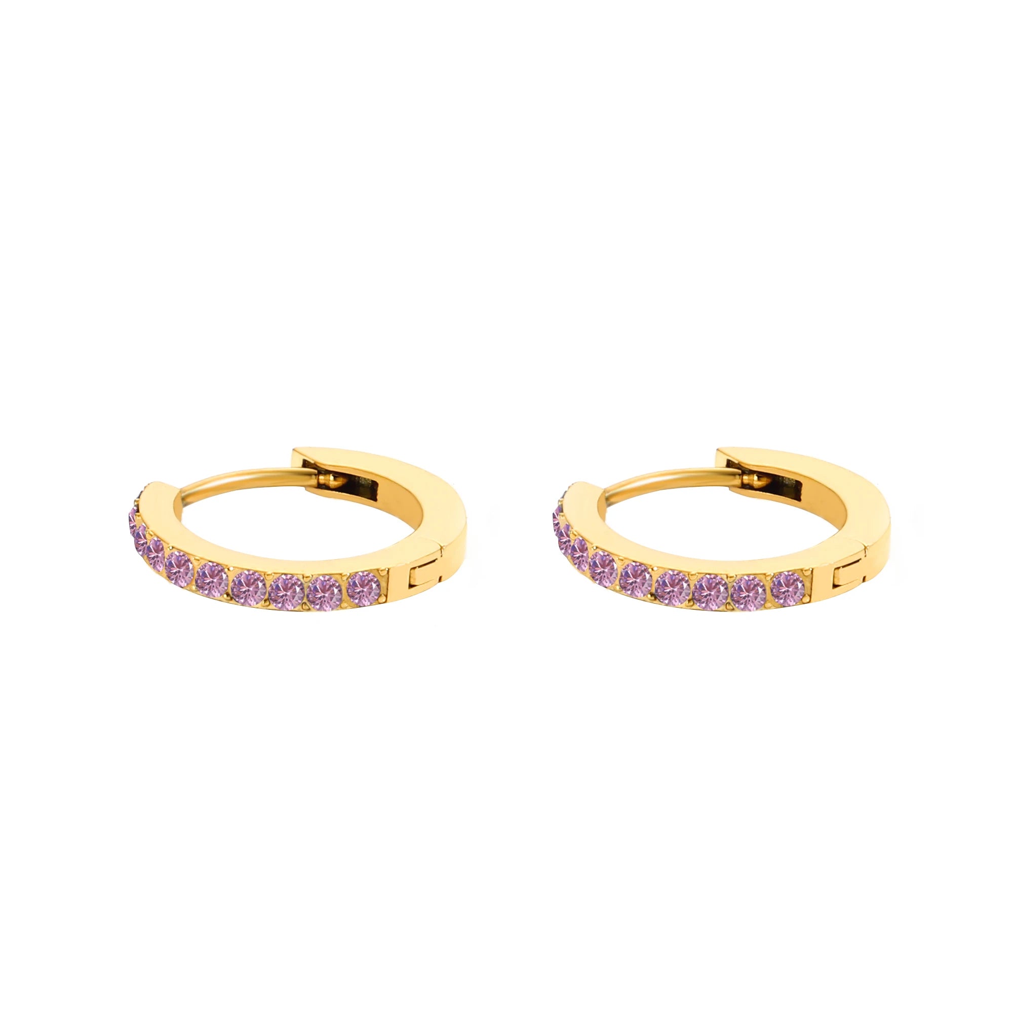 14K Gold Plated Birthstone Hoop Earrings , Stainless Steel CZ Stone Circle Hoops