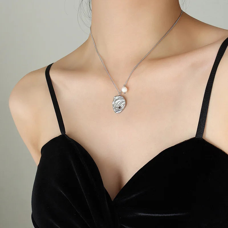 18K gold plated stainless steel geometric pendant necklace with freshwater pearl, adjustable chain, trendy vintage women’s jewelry on white background