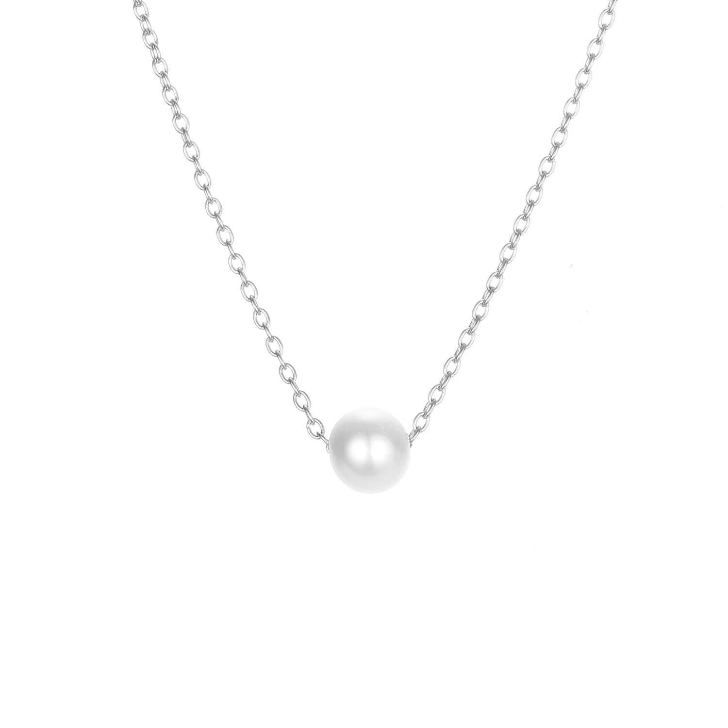 Minimalist stainless steel pearl choker necklace with 5mm pearl pendant, adjustable 15–17 inches chain, worn on model.