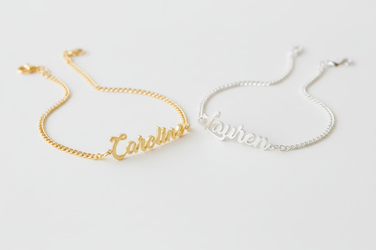 Personalized stainless steel name bracelet with custom letter design, adjustable 5.9–7.1 inches chain, gold finish worn on wrist.
