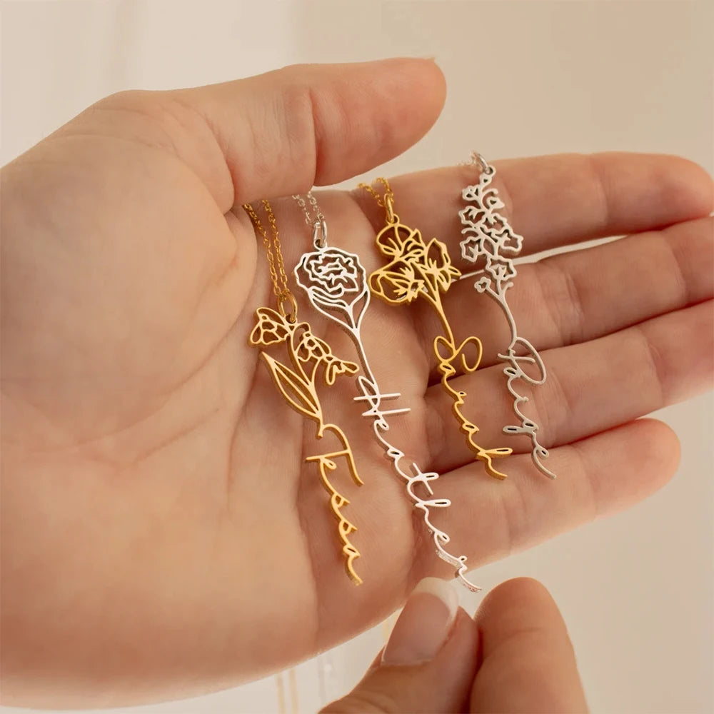 Personalized birth month flower necklace in stainless steel with custom name pendant, adjustable 15.7–17.7 inches chain, gold finish shown.