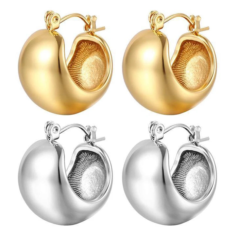 Chunky C-shaped gold plated stainless steel hoop earrings for women, high polish finish, 19 × 15 mm size.